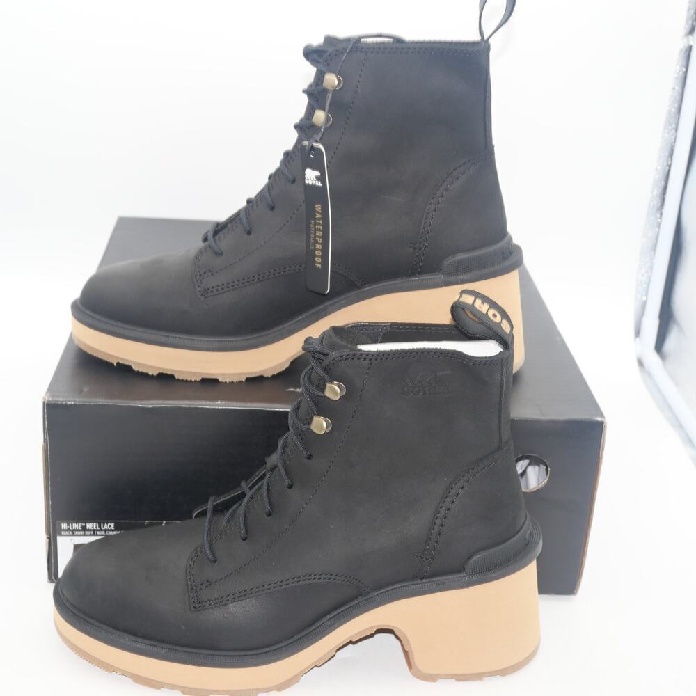 NEW Sorel Hi-Line Heel Lace Boots Women's 5 Waterproof Booties Black - Picture 4 of 12